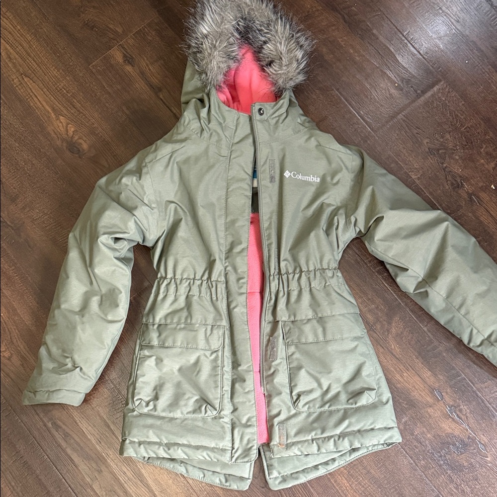 Columbia Kids Olive Jacket with Pink Hood